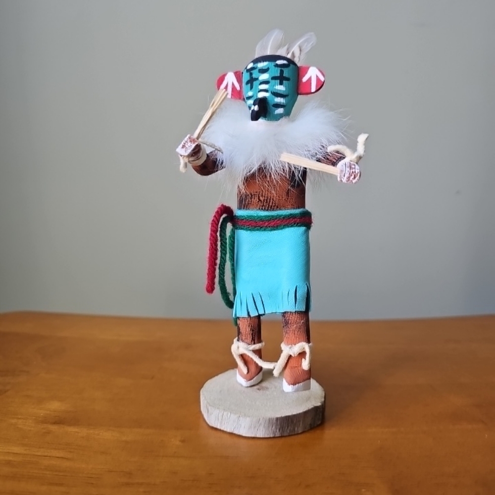 Native American Kachina Wooden Doll Figurine Hand Painted Road Runner Signed